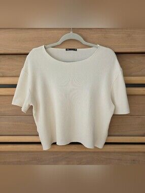 Zara Ecru Drop-Shoulder Short Sleeve Knit Top